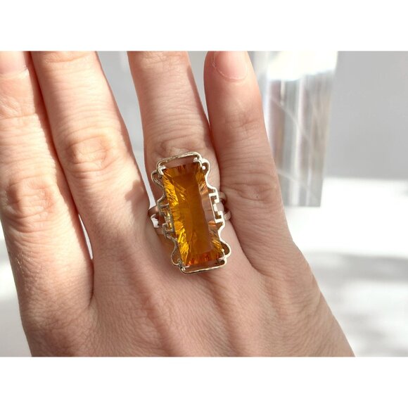 Citrine XL Ultra Ornate Semi-Precious 925 Sterling Silver Vintage Ring - sz 7 - Picture 9 of 10